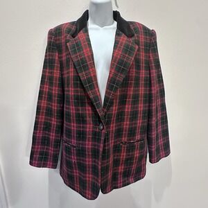 Vtg Sag Harbor Red‎ Tartan Plaid Wool Blazer Jacket 12 Office Academia Corpcore